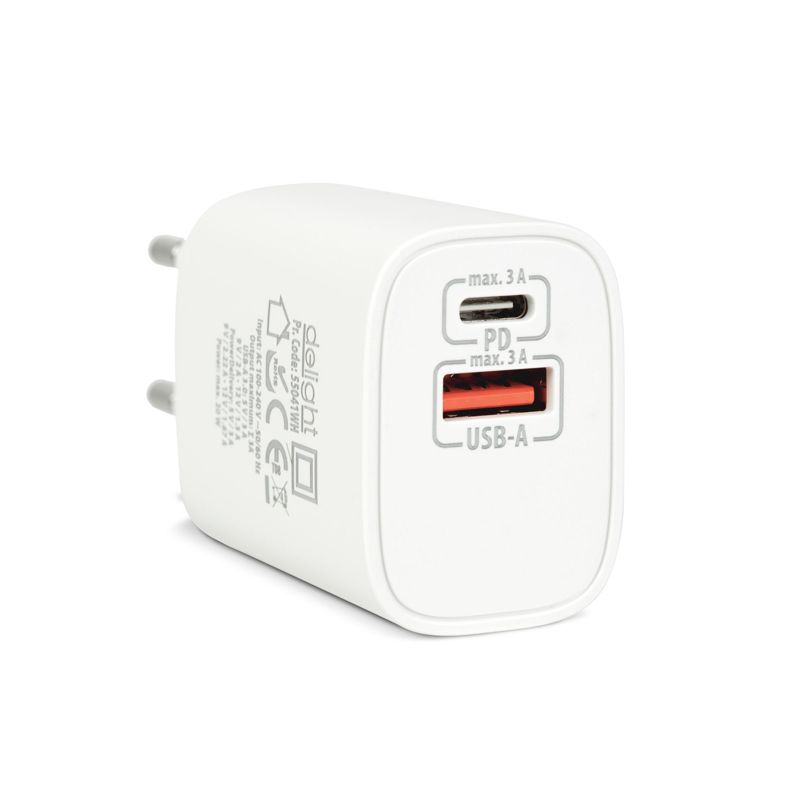 Hálózati Adapter USB + Type-C PD20W gyorstöltéssel - fehér
