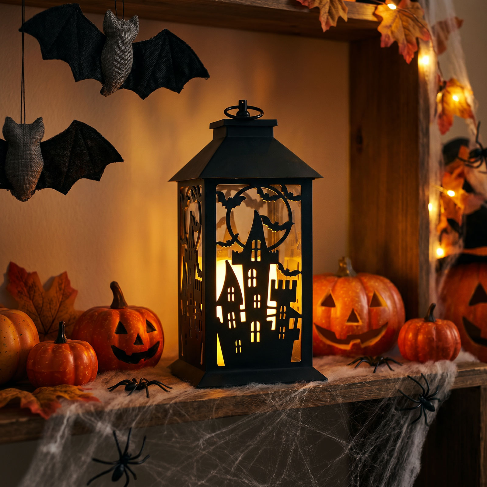 Halloween-i pislákoló lámpás - kastély - elemes - fekete - 30 x 14 cm