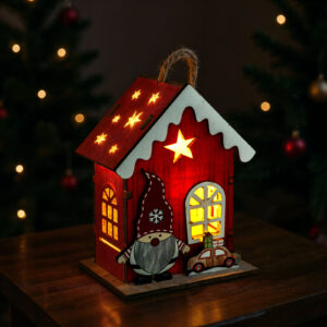 Karácsonyi LED-es dekoráció - házikó manóval - melegfehér LED, piros - 7,5 x 5 x 10 cm - 2 féle