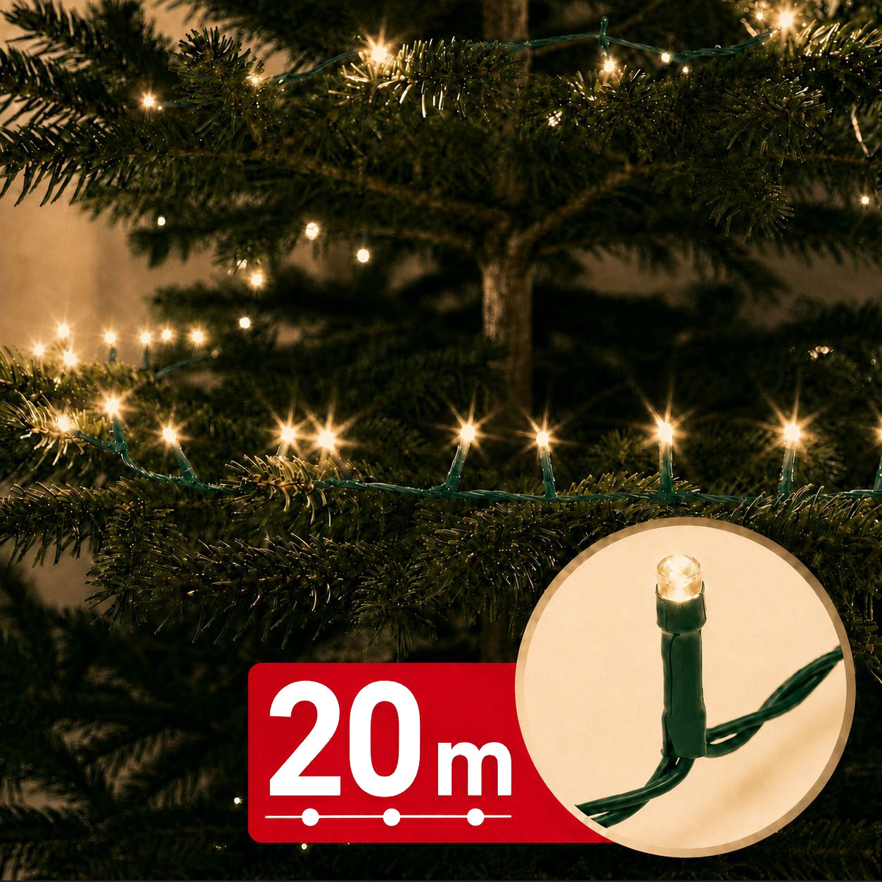 Fényfüzér - 20 m - melegfehér - 400 LED - 100-240V - 6W - zöld kábel