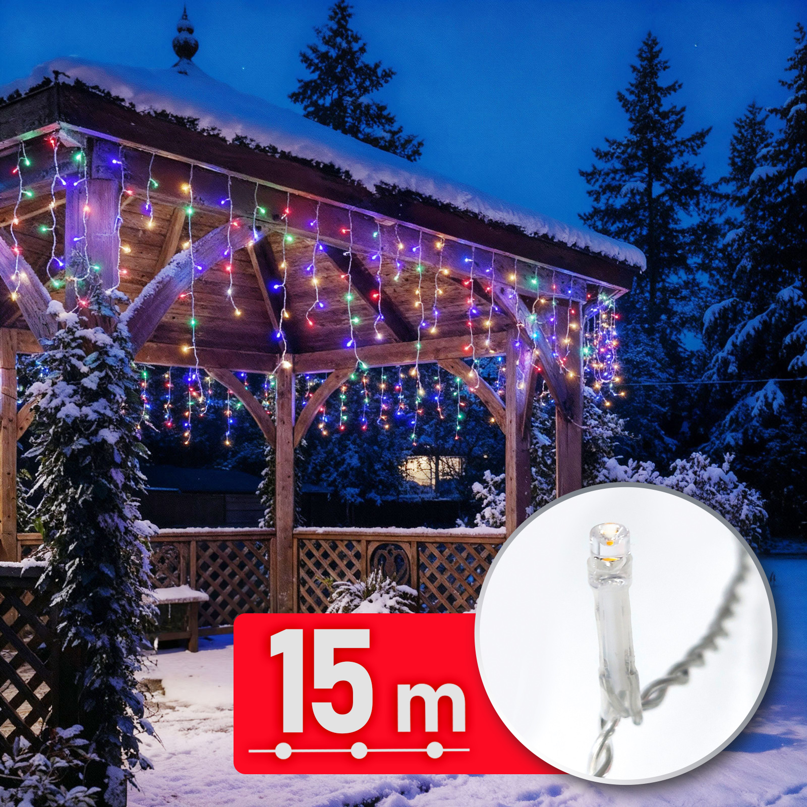 Fényfüzér függöny - 15 m - 600 LED - 220-240V - 6W - átlátszó kábel