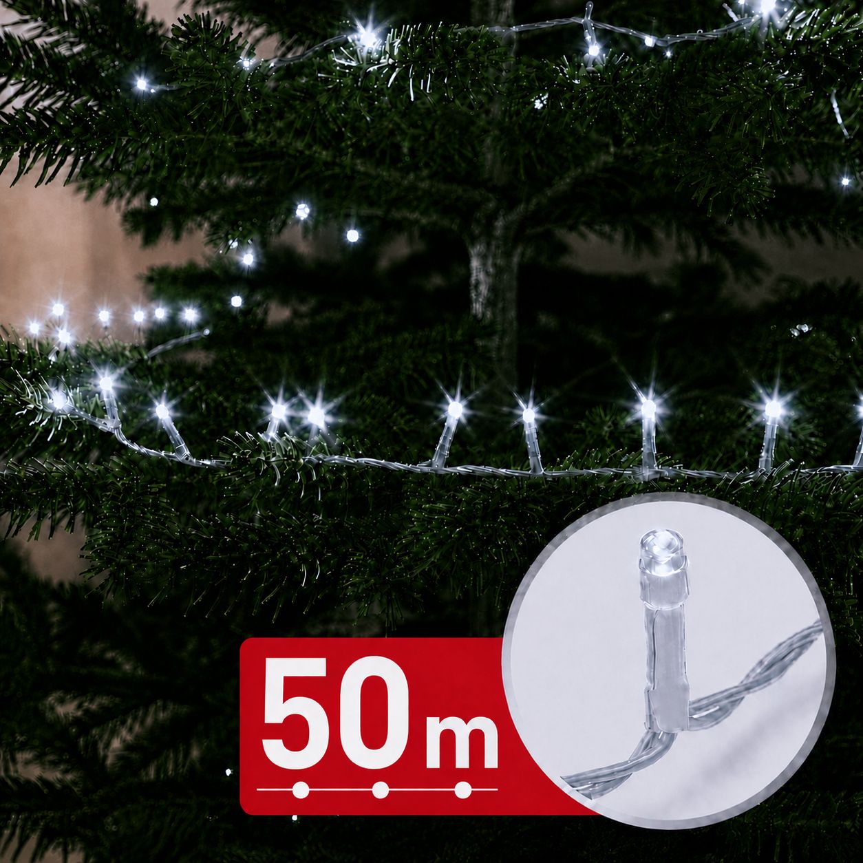 Fényfüzér - 50 m - hidegfehér - 1000 LED - 220-240V - 9W - átlátszó kábel