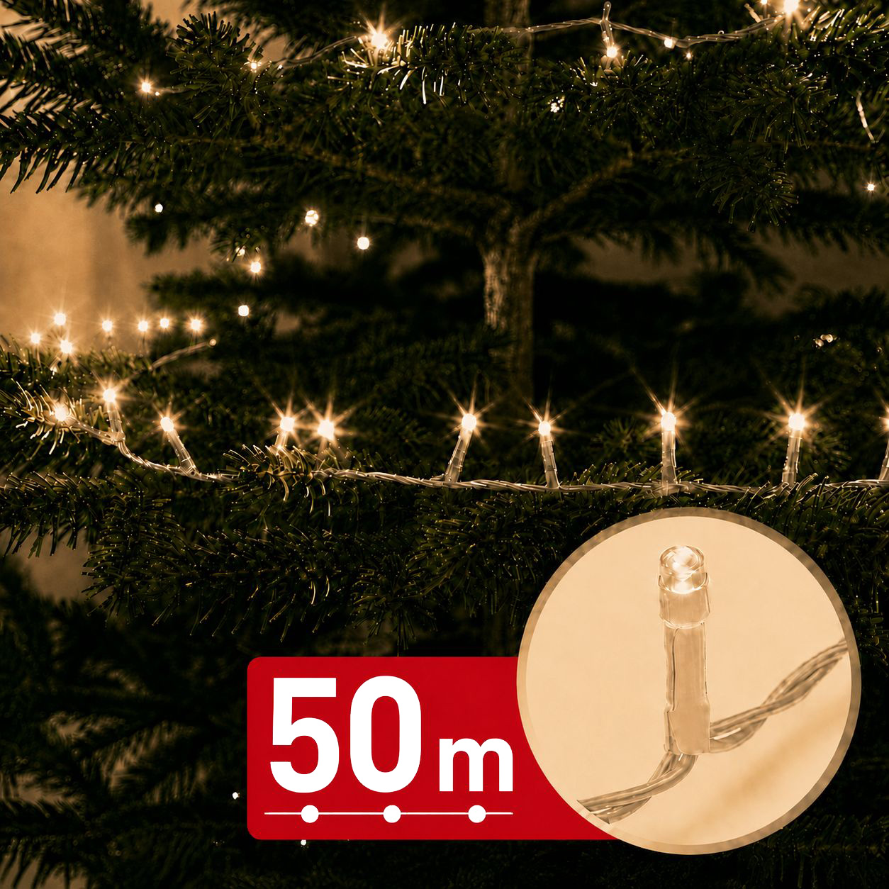 Fényfüzér - 50 m - melegfehér - 1000 LED - 220-240V - 9W - átlátszó kábel