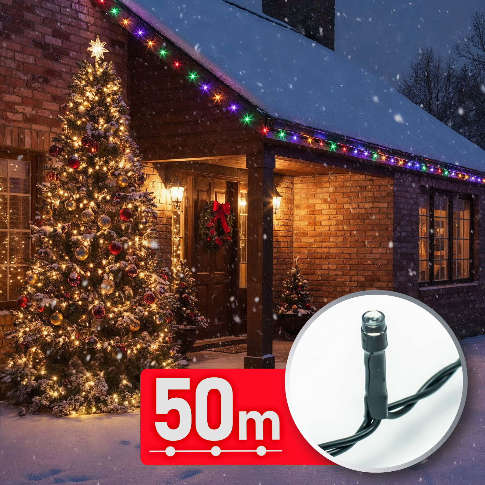 Fényfüzér - 50 m - színes - 1000 LED - 220-240V - 9W - átlátszó kábel