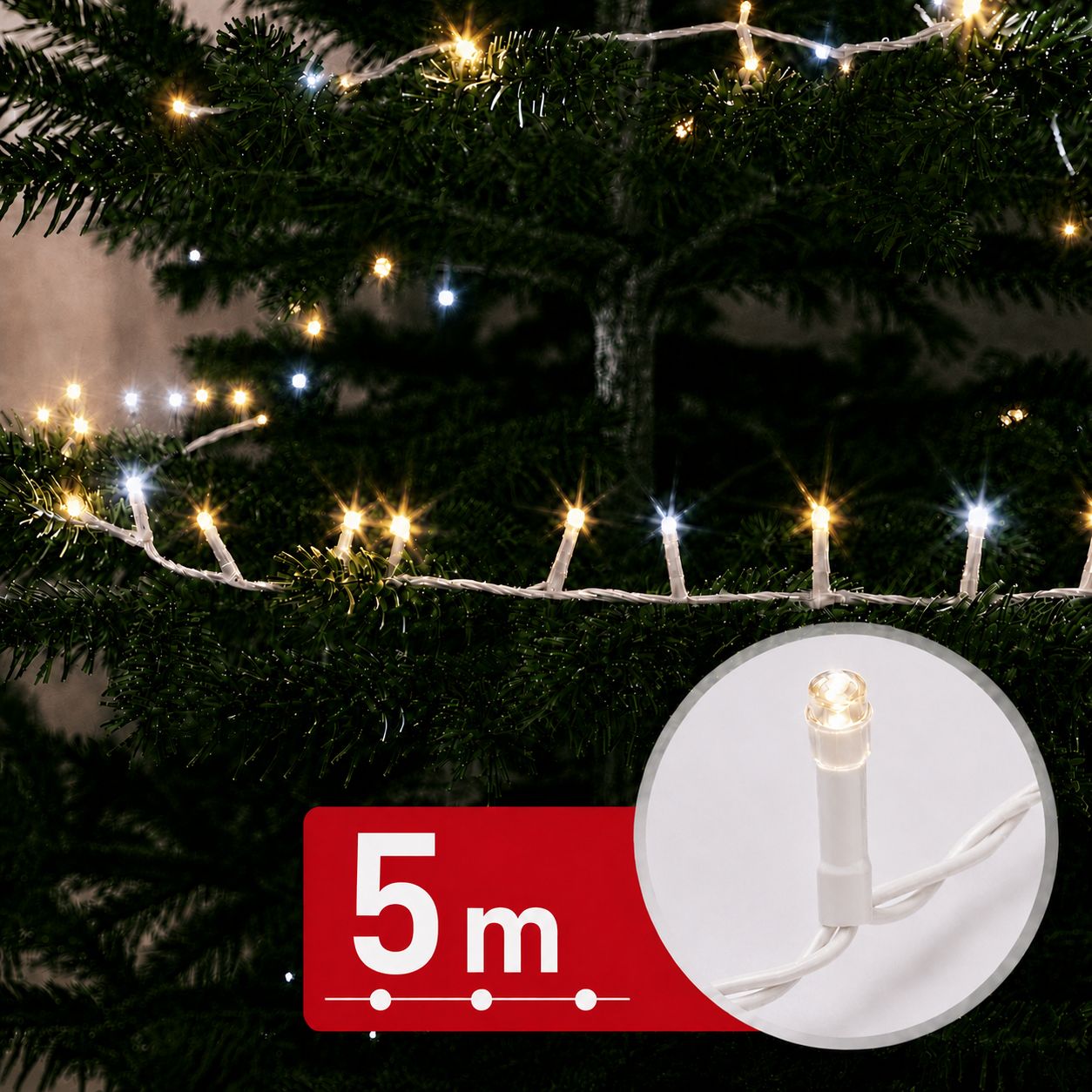 Fényfüzér - 5 m - 200 melegfehér & 50 hidegfehér LED - 100-240V - 6W - fehér kábel