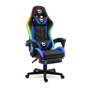 RGB LED-es gamer szék - karfával, párnával - fekete / kék