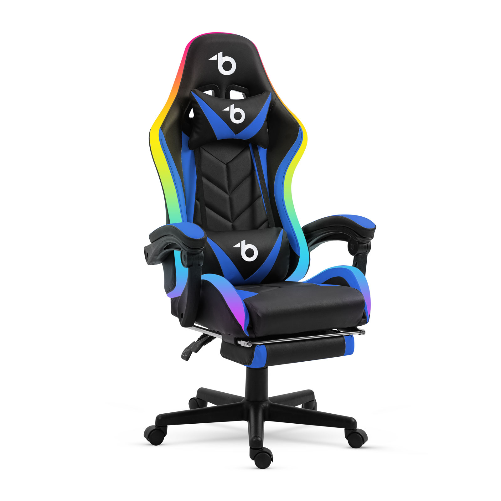 RGB LED-es gamer szék - karfával, párnával - fekete / kék
