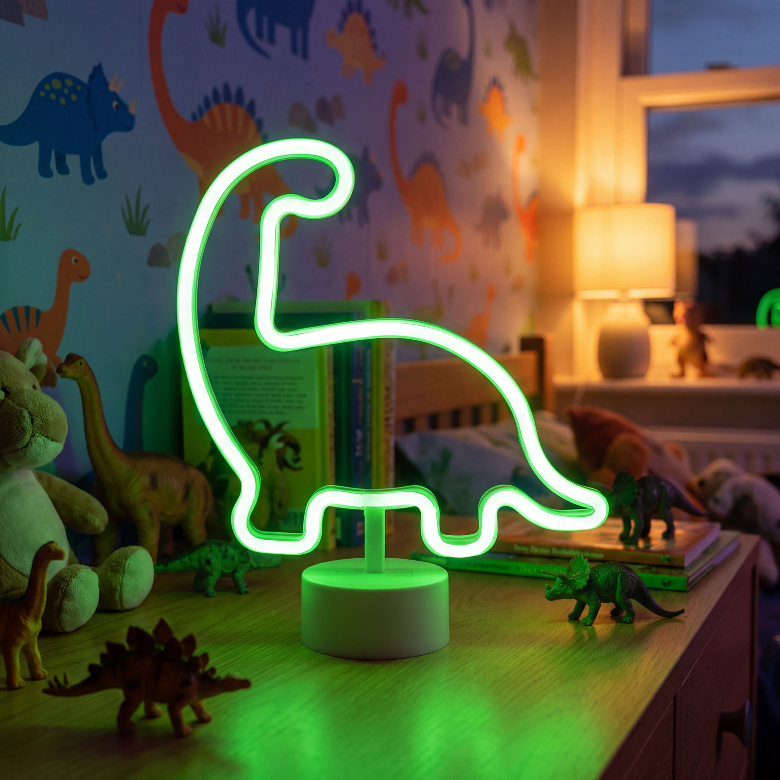 Neon LED lámpa - zöld dinoszaurusz - 3 x AA + USB - 25,9 x 8,5 x 24,3 cm - Image 2