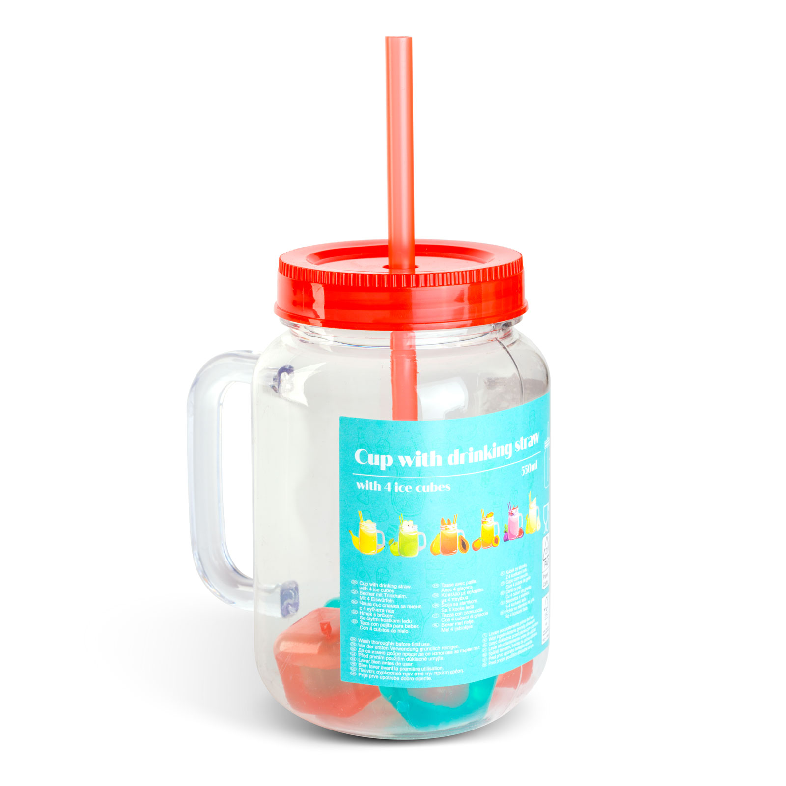 Szívószálas pohár - piros - 4 db hűthető jégkockával, 550ml, 17 x 7.5 x 13.5 cm - Image 2